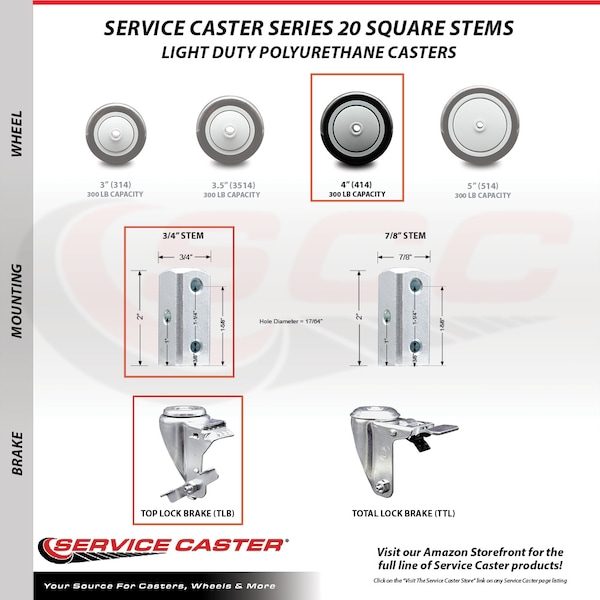 Service Caster 4 Inch Black Poly Wheel Swivel 3/4 Inch Square Stem Caster Set with Brake SCC SCC-SQ20S414-PPUB-BLK-TLB-34-4 - main